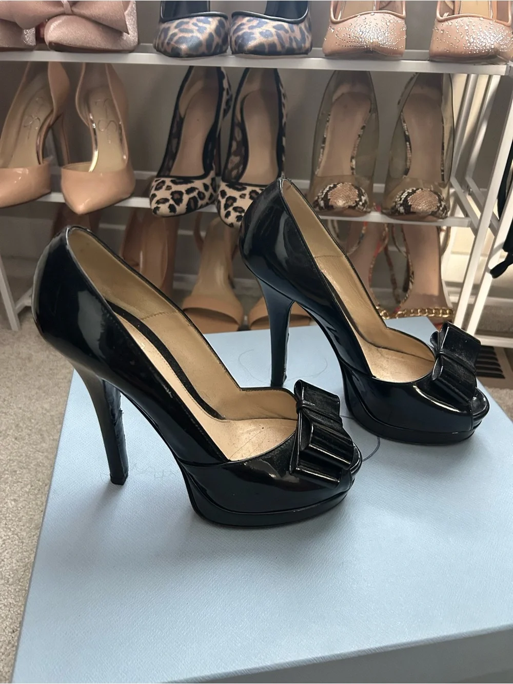 Fendi Black Patent Peep-Toe Bow Heels